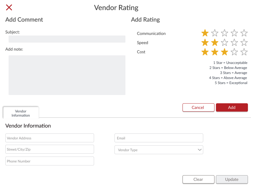 Vendor rating panel
