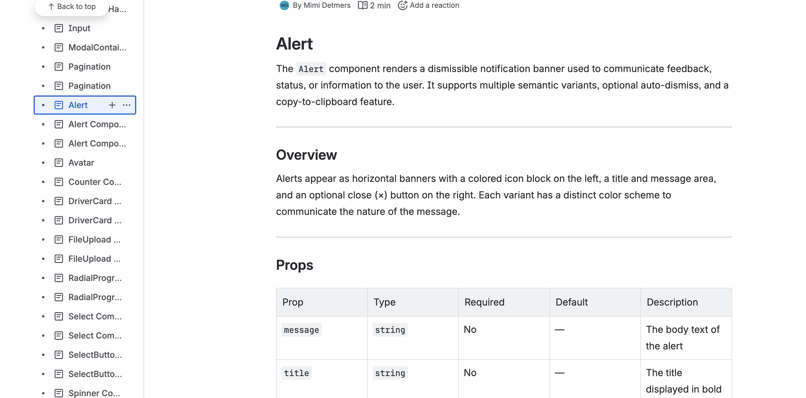 Alert component docs in Confluence